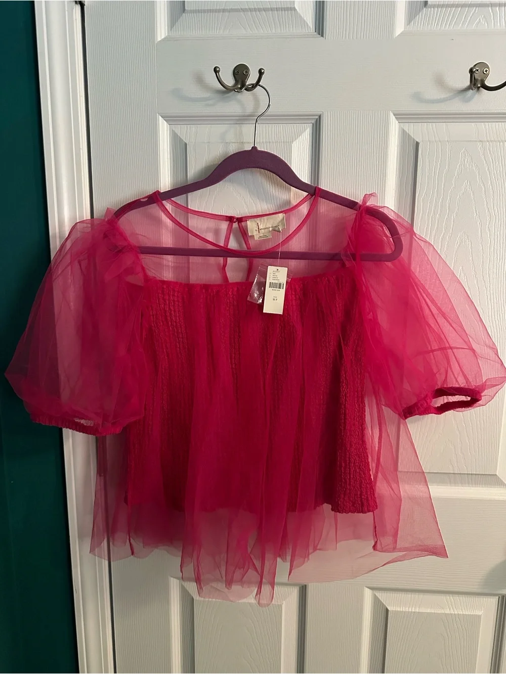 Anthropologie Sheer Puff-Sleeve Peasant Top - Hot Pink - Picture 1 of 3